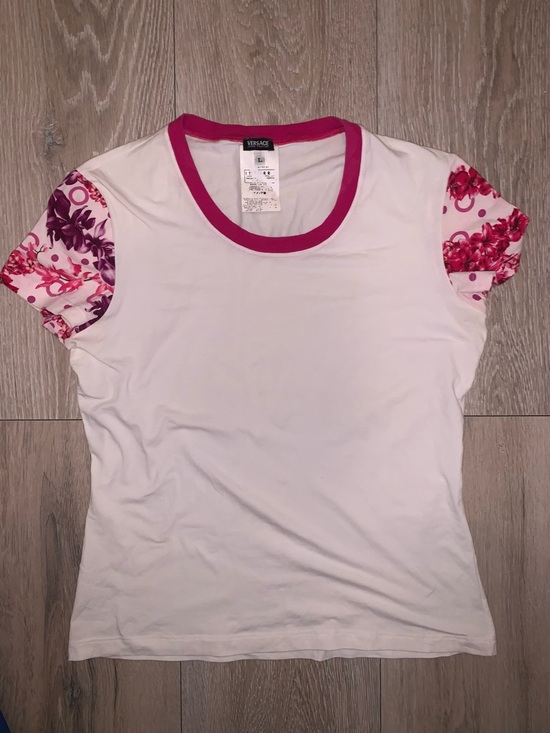 Versace Tops - Versace Jeans Couture White Tee with Pink Floral Sleeves Size: Large